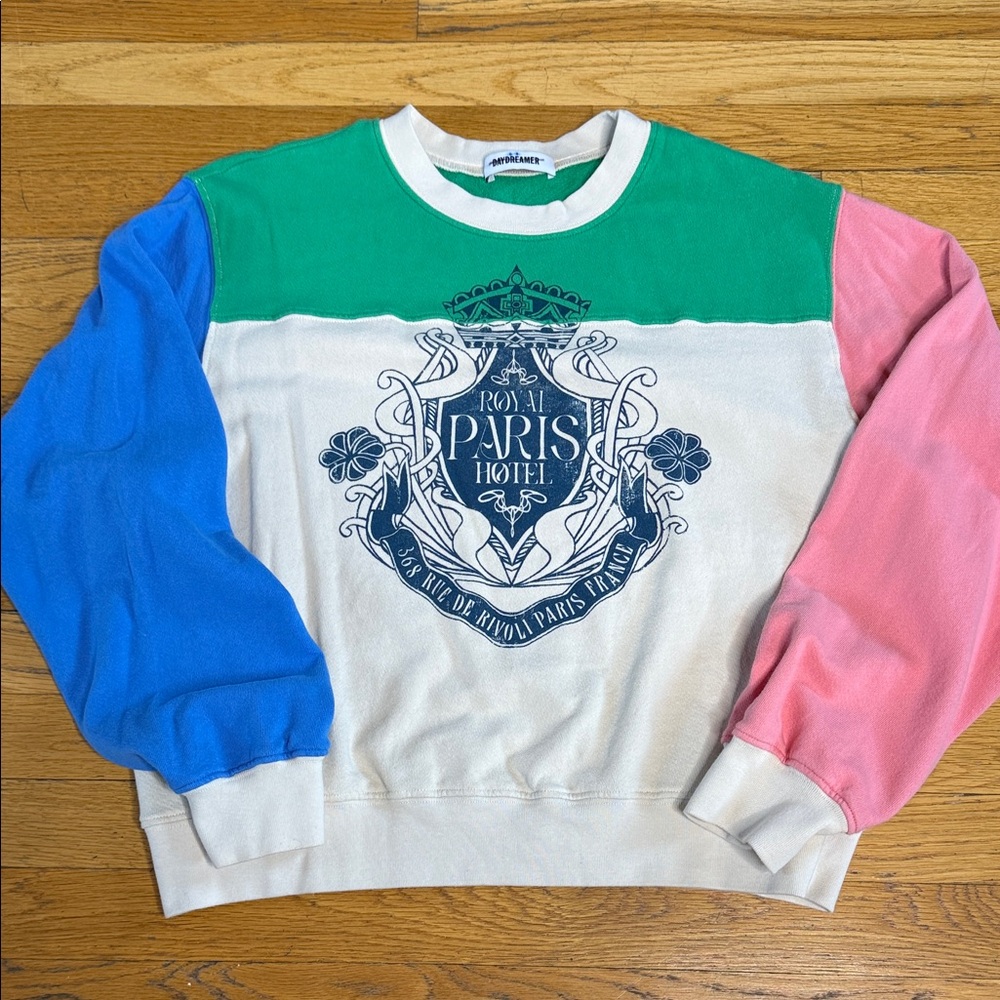 Colorblock Paris Crest Crewneck Sweatshirt - Green/Blue/Pink/White